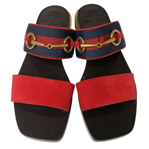 Gucci Querelle Red Suede Web Stripe Slide Heeled Wooden Sandals Women Size 36.5 - Picture 2 of 11
